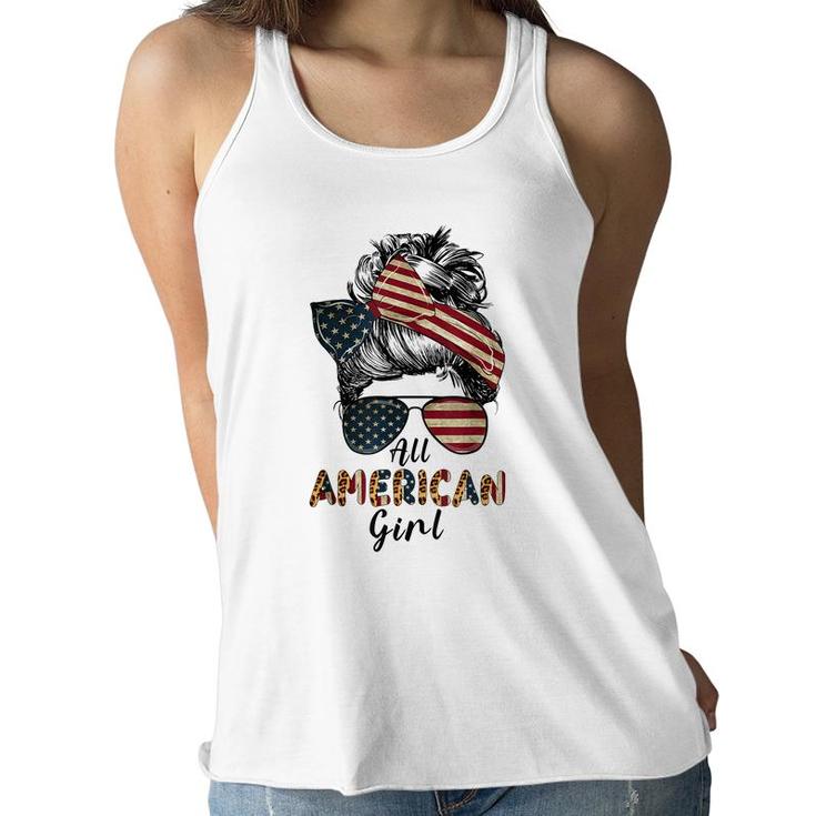 All American Girl Messy Bun Matching Family 4Th July Retro  Women Flowy Tank