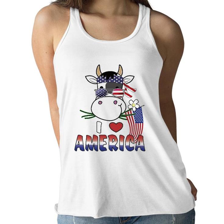 I Love America 4Th Of July Usa Patriotic Cow Lover Kids Women Flowy Tank