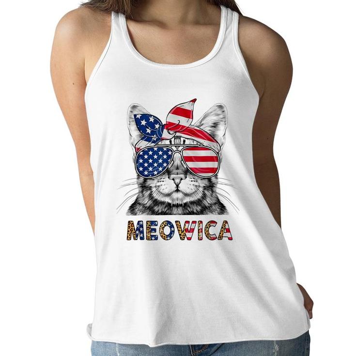 Meowica Cat Leopard Usa Flag Sunglasses Bandana 4Th Of July  Women Flowy Tank