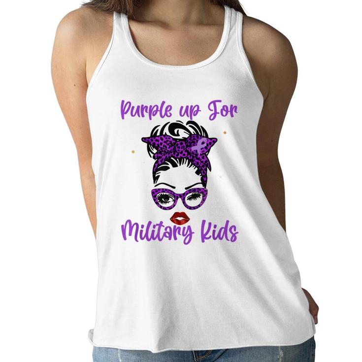 Messy Bun Purple Up Day For Military Kids Child Purple Up  Women Flowy Tank