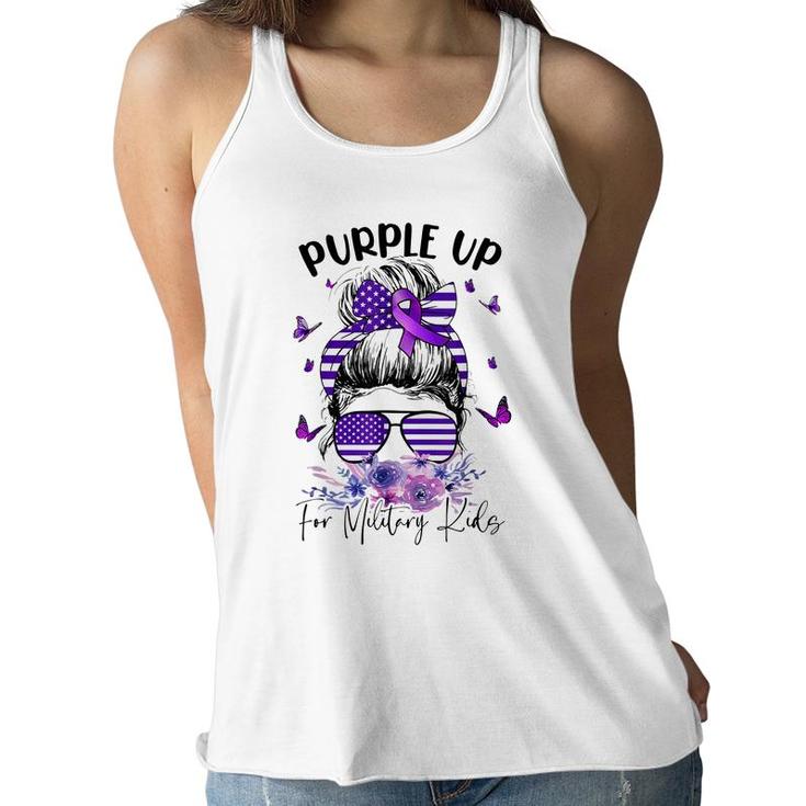 Purple Up For Military Kids Child Month Messy Bun Floral  Women Flowy Tank