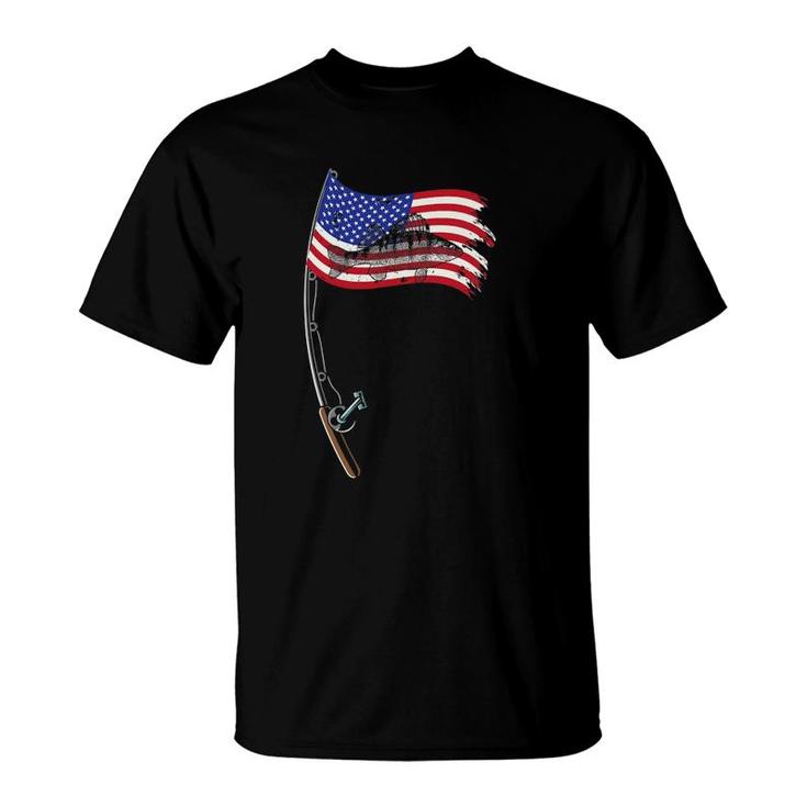 American Flag Fishing Gift Pole Walleye Fisherman Cool Fish T-Shirt