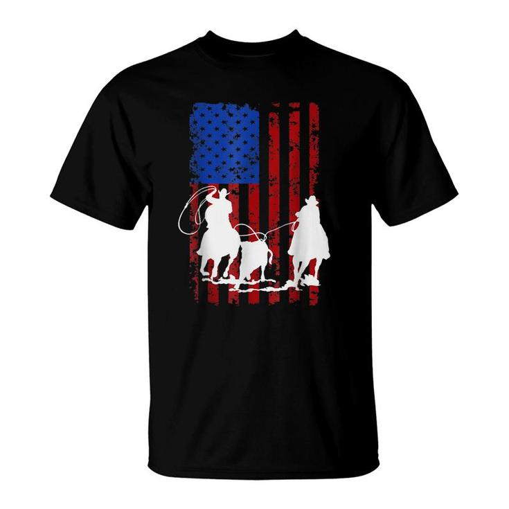 American Flag Team Roping Horse 4Th Of July Patriotic Usa  T-Shirt