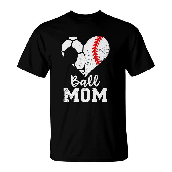 Ball Mom Heart Funny Baseball Soccer Mom  T-Shirt
