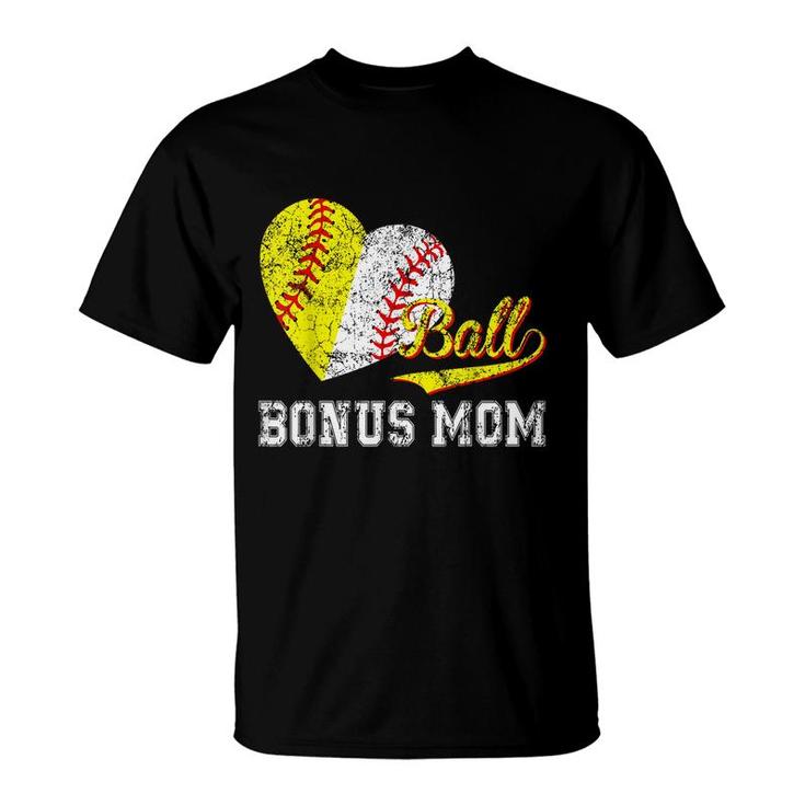Baseball Softball Ball Heart Bonus Mom Mothers Day  T-Shirt