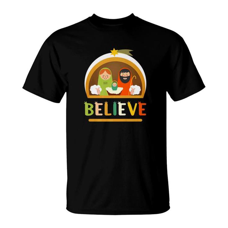Believe Baby Jesus Christ Nativity Manger Christmas T-Shirt