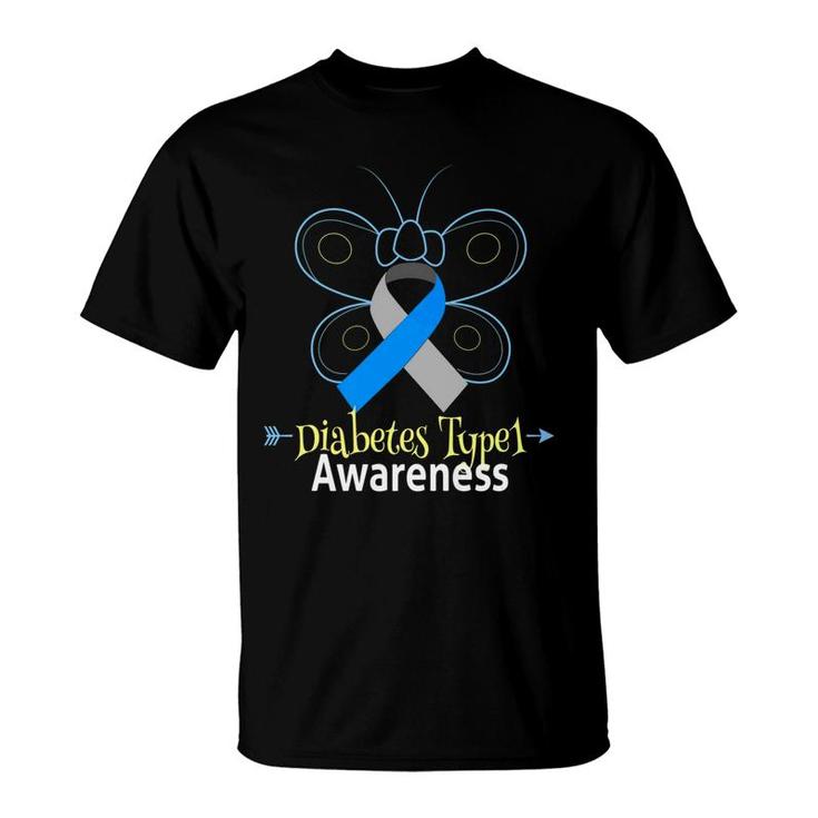 Butterfly Blue Ribbon Diabetes Type 1 Awareness Women T-Shirt