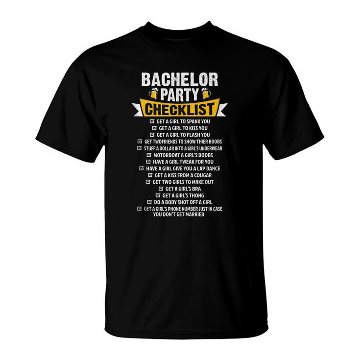 Checklist Bachelor Party Stag Groom Gag Men Funny T-Shirt