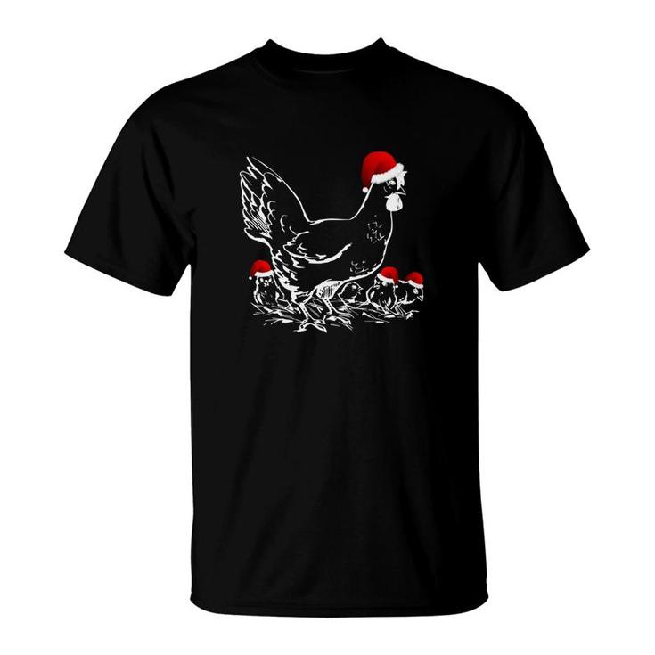 Funny Christmas Chicken  Hen And Chicks Santa Hat Tee T-Shirt