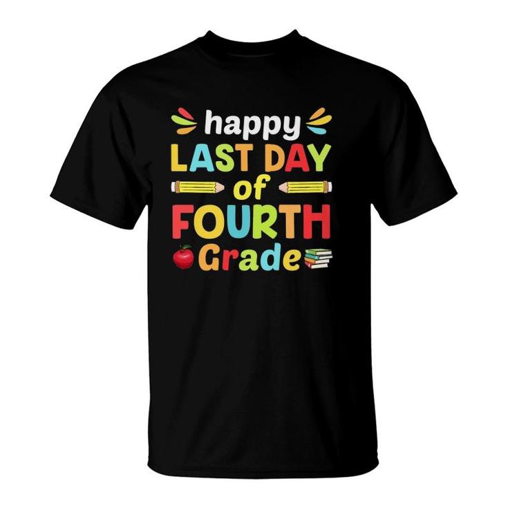 Happy Last Day Of Fourth Grade Teacher And Student Notebook Pencil Apple T-Shirt