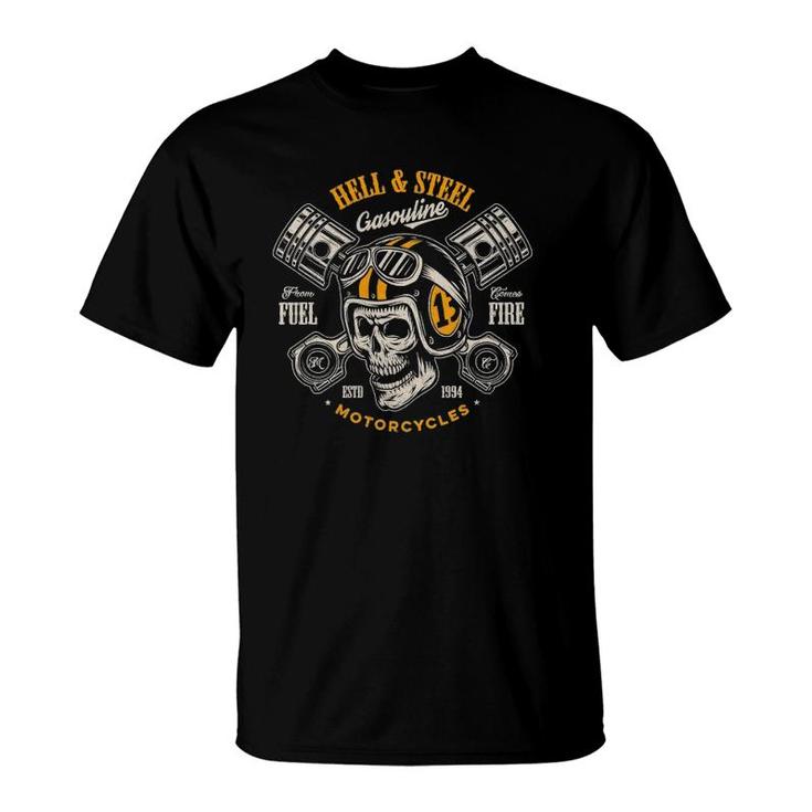 Hell And Steel Biker Skull Motorcycle Mens T-Shirt