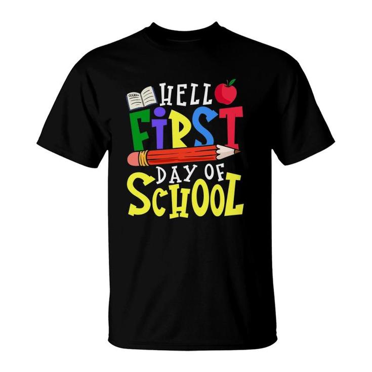 Hello First Day Of School Teacher Student Apple Pencil Book T-Shirt