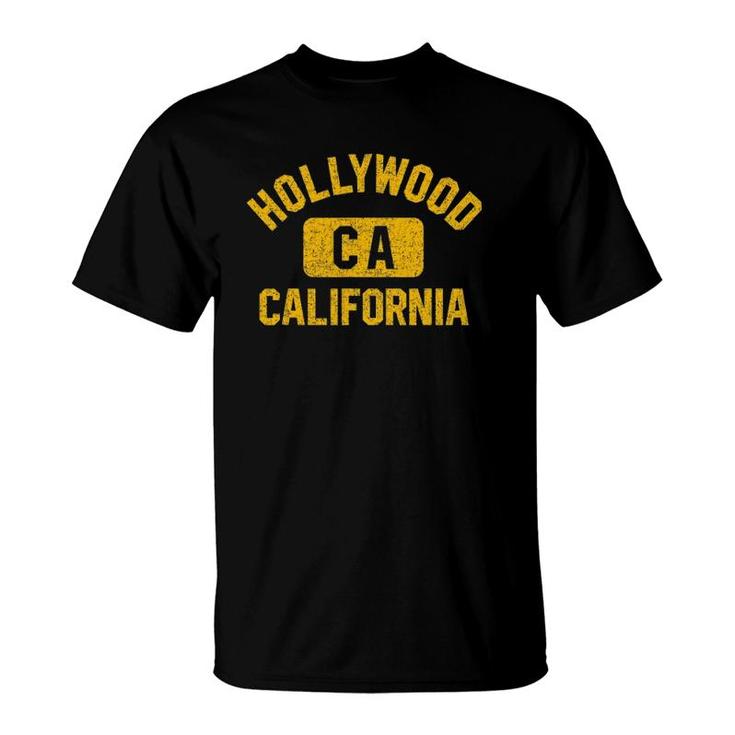 Hollywood Ca California Gym Style Distressed Amber Print T-Shirt