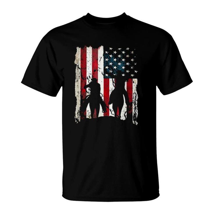 Independence Day Team Roping Cowboys July Of 4Th Us Flag T-Shirt