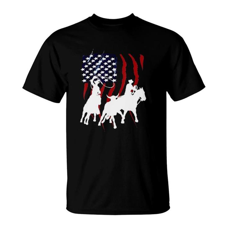 Independence Day Team Roping July Of 4Th Us Flag Sport Lover T-Shirt