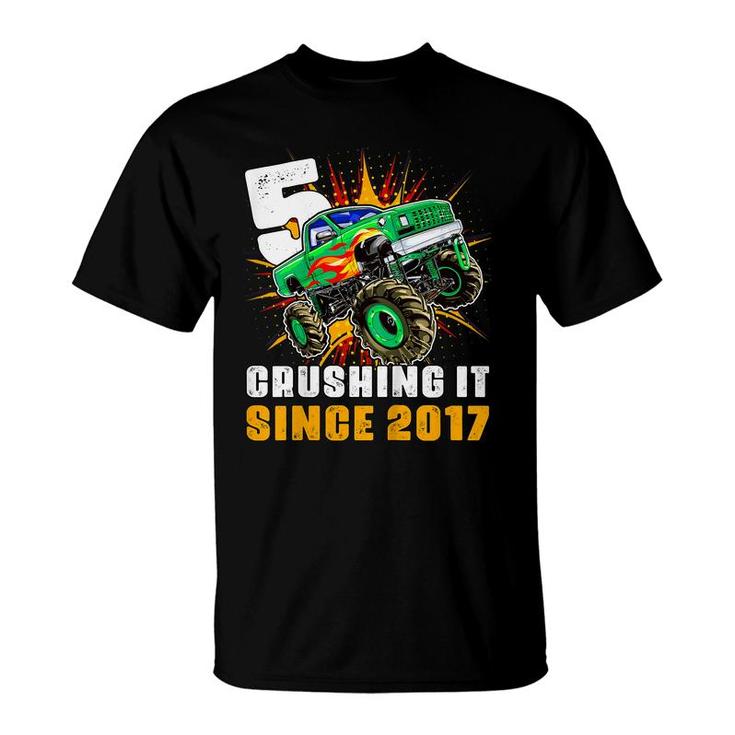 Kids 5 Crushing It Since 2017 Monster Truck 5Th Birthday Boys  T-Shirt
