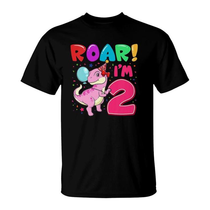 Kids Dinosaur Girl Roar Im 2 Years Old 2Nd Birthday Party T-Shirt