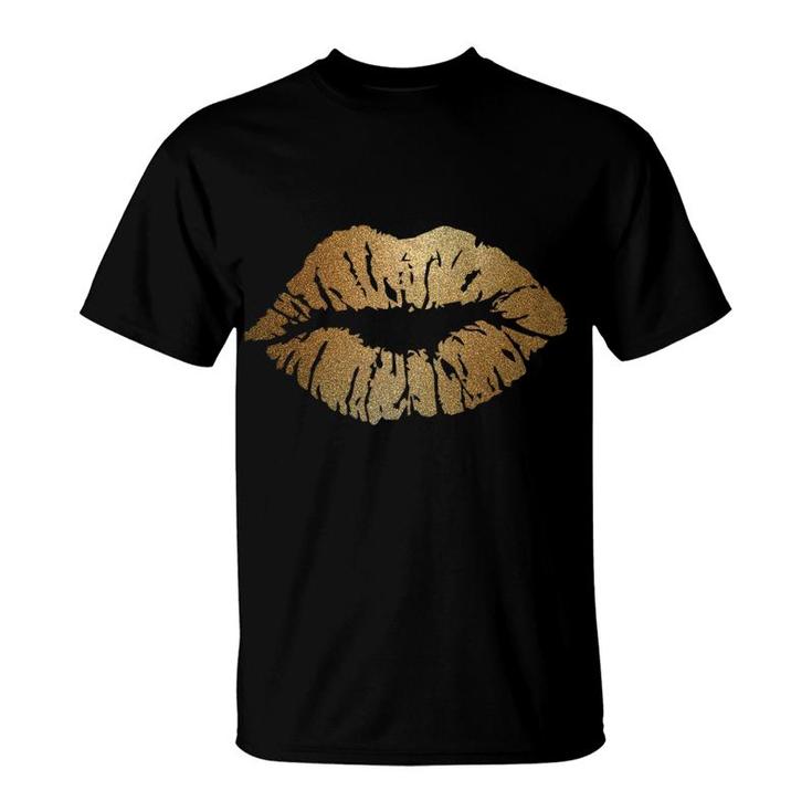 Kiss Lips Sparkle Glitter Valentine Sexy Love Good Vibe Gold T-Shirt