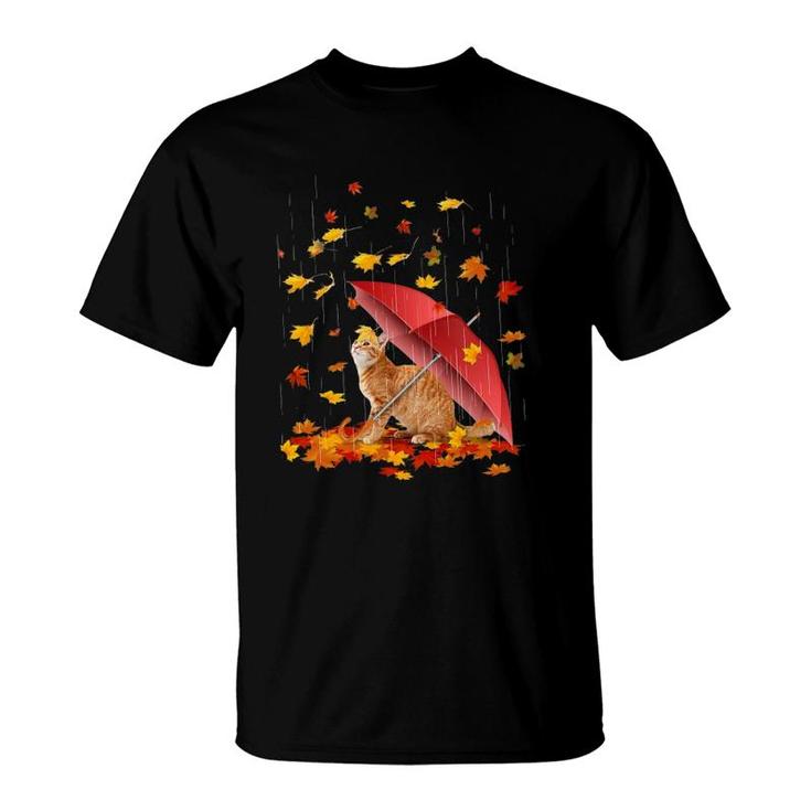 Maple Cat And Umbrella Leaf Fall Hello Autumn Bicycle Gift T-Shirt