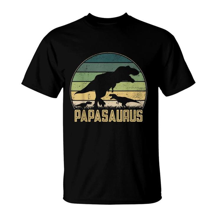 Papasaurus 2 Kids Vintage Retro Sunset Funny Dad Dinosaur T-Shirt