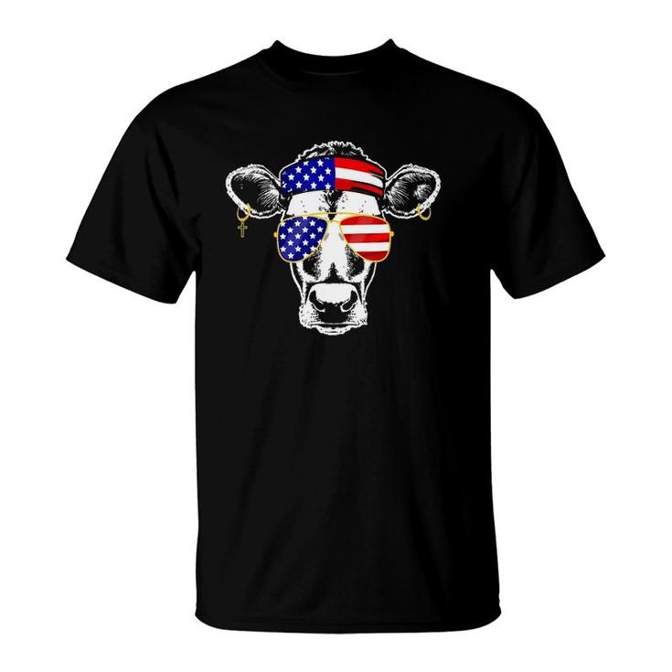 Patriotic Cow American Flag Sunglasses 4Th Of July Heifer T-Shirt