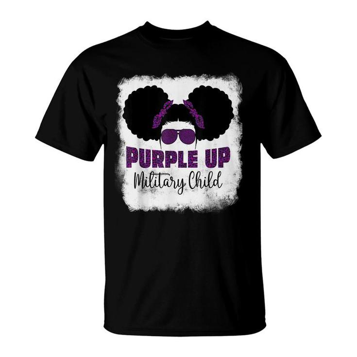 Purple Up For Kids Military Child Month Messy Bun Bleached  T-Shirt