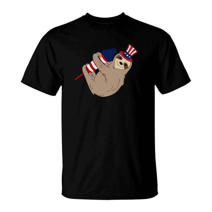 Rocket Firecracker Sloth American Flag 4Th July T-Shirt