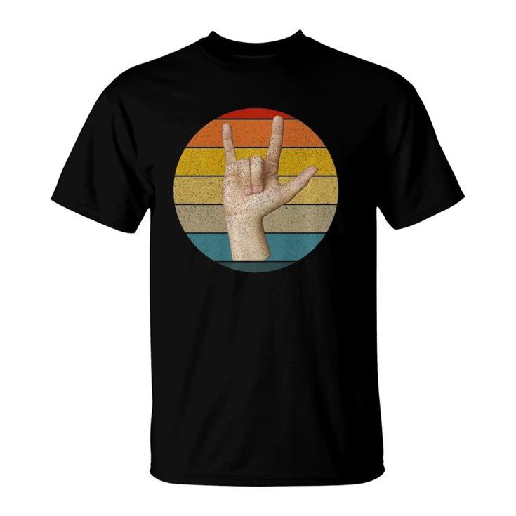 Sign Language I Love You Asl In Retro Vintage Stripes Design  T-Shirt