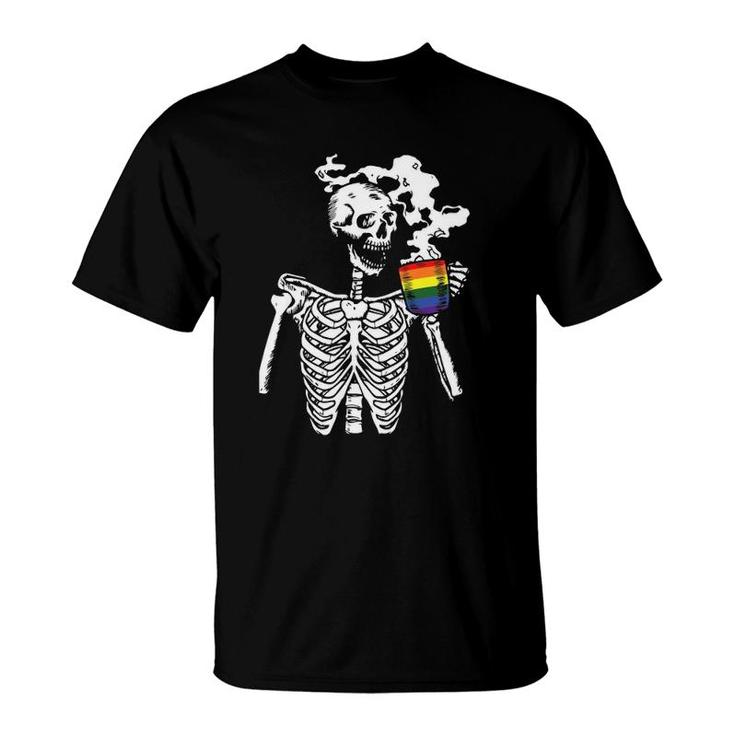 Skeleton Drinking Coffee Gay Pride Funny Skull Lgbt Q Ally T-Shirt
