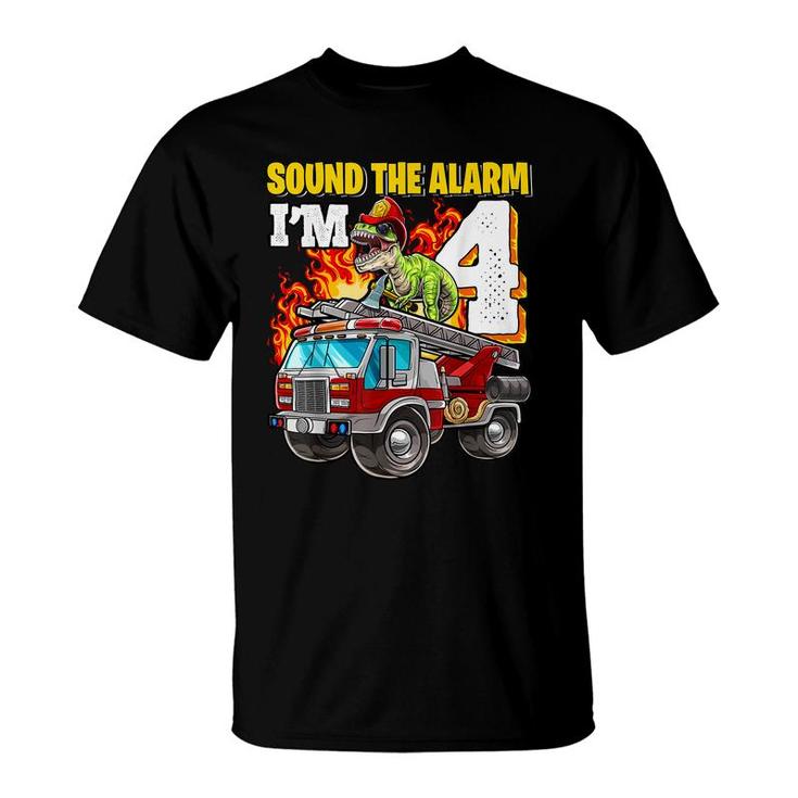 Sound The Alarm Im 4 Dinosaur Firefighter 4Th Birthday Boys  T-Shirt