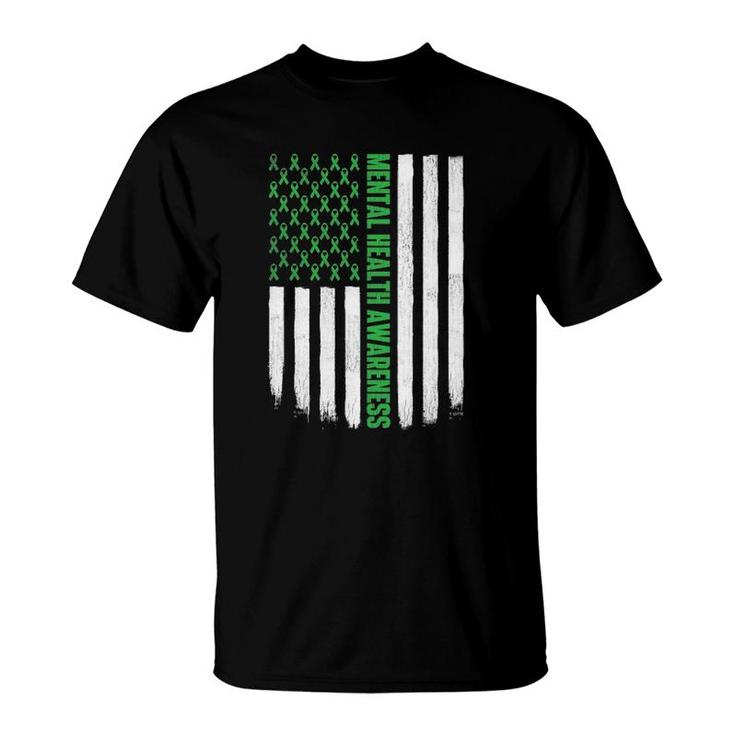 Us Flag Green Ribbon Mental Health Awareness T-Shirt