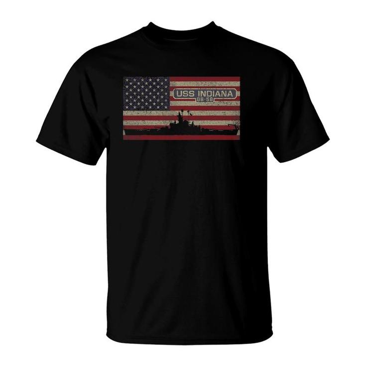 Uss Indiana Bb-58 Ww2 Battleship Usa American Flag T-Shirt