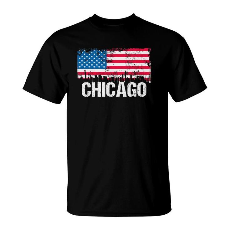 Vintage Us Flag American City Skyline Chicago Illinois T-Shirt