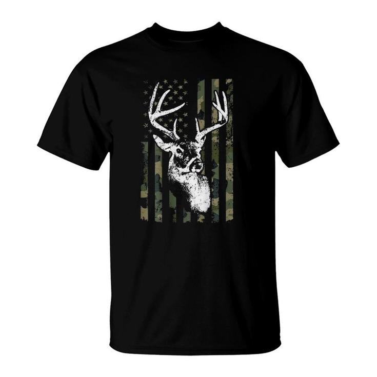 Whitetail Buck Deer Hunting Usa Camouflage Flag - On Back T-Shirt Whitetail Buck Deer Hunting Usa Camouflage Flag - On Back T-Shirt