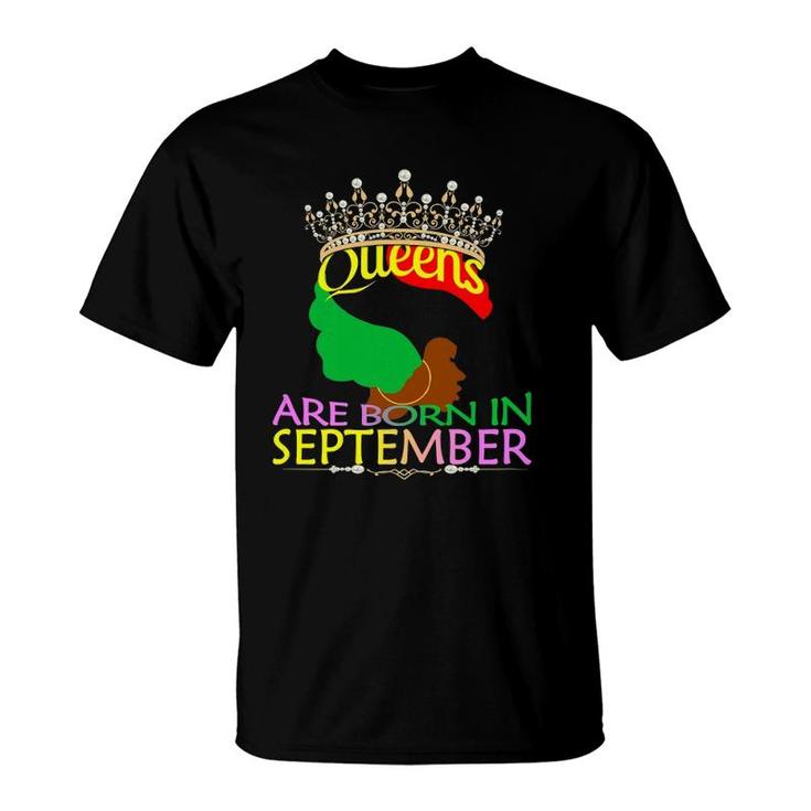 Womens Queens Are Born In September - Black Afro Women Birthday T-Shirt