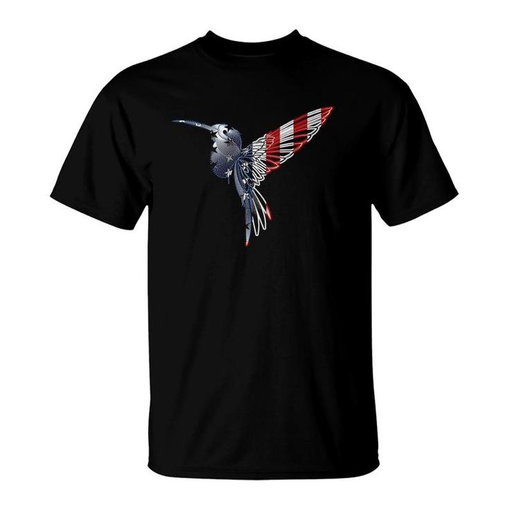 Womens Usa American Flag Dot Art Cute Bird Hummingbird 4Th Of July V Neck T-Shirt