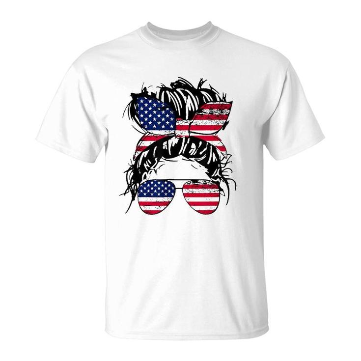 4Th Of July American Flag Patriotic Daughter Messy Bun Usa T-Shirt