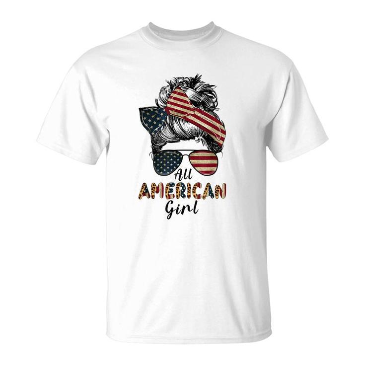 All American Girl Messy Bun Matching Family 4Th July Retro  T-Shirt