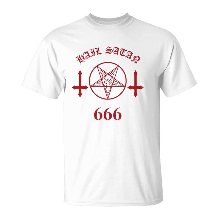 Blood Red Satanic Pentagram Hail Satan 666 Upside Down Cross  T-Shirt