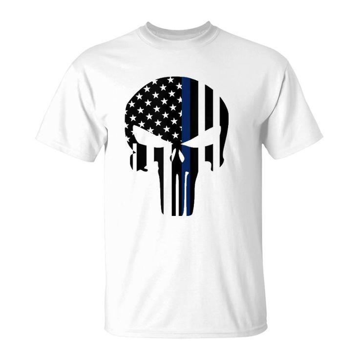 Blue Line American Skull Flag Support Police  T-Shirt