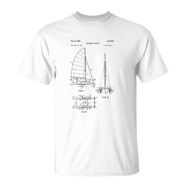 Catamaran Sailboat Blueprint - Old Sailing Boat Ocean T-Shirt