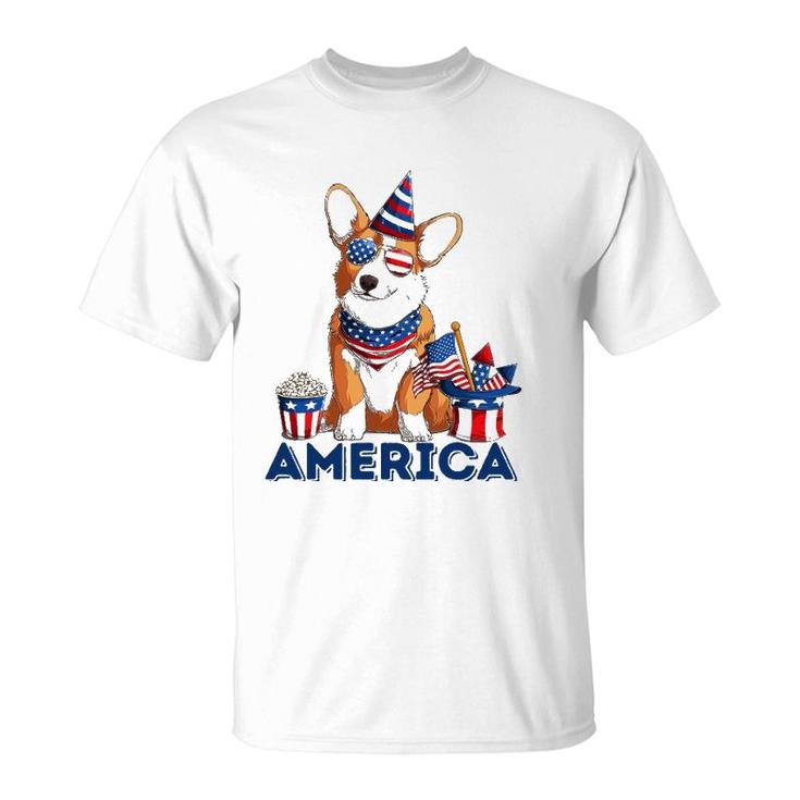 Corgi Dog American Flag Sunglasses Patriotic 4Th July Merica T-Shirt
