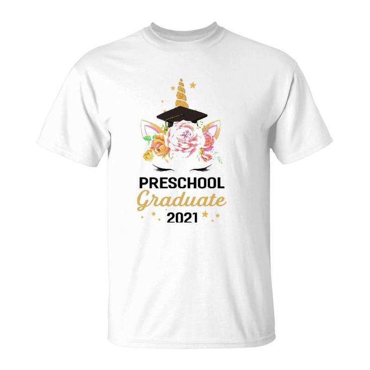 Cute Happy Preschool Graduate 2021 Floral Unicorn Graduation T-Shirt