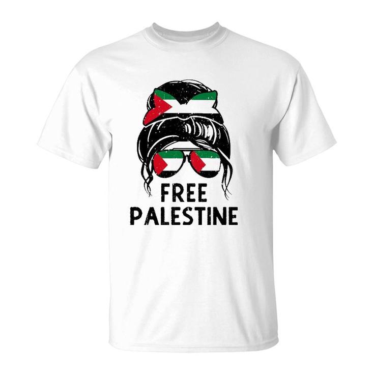 Free Palestine Flag Save Gaza Strip End Messy Hair Bun T-Shirt