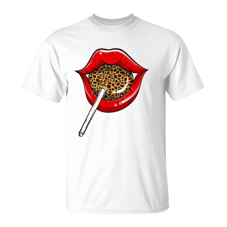 Funny Red Lip Leopard Print Gift Cheetah Lolly Men Women T-Shirt