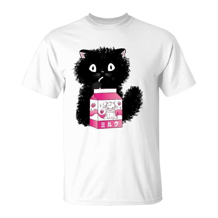 Girls Cute Cat Strawberry Milk Kawaii Cow And Kitten T-Shirt