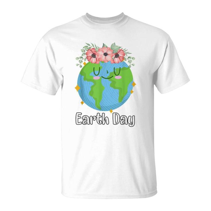 Happy Earth Day Cute Earth Smiles With Floral Earth Day 2022  T-Shirt