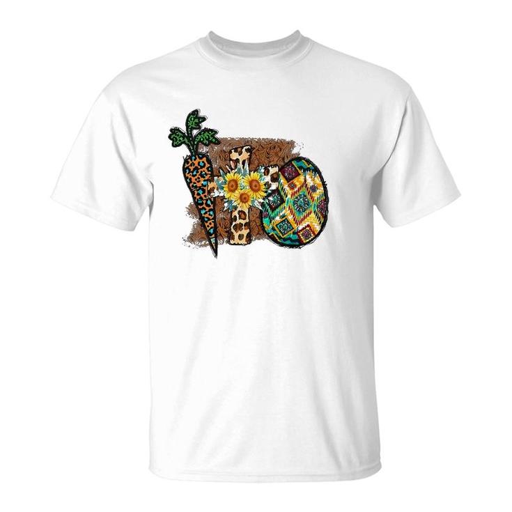Happy Easter Graphic  Womens Leopard Carrot Egg Cross T-Shirt