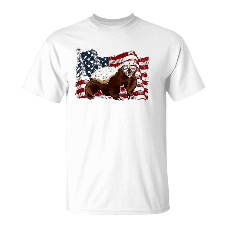 Honey Badger American Flag 4Th July Animals Men Women Kids T-Shirt