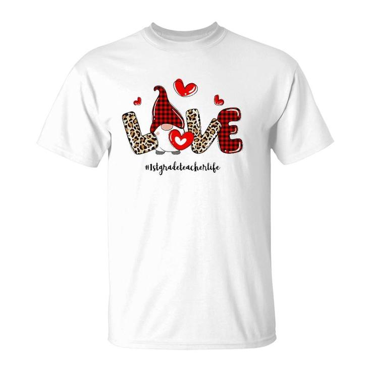 Love 1St Grade Teacher Life Buffalo Plaid Valentines Gnome T-Shirt